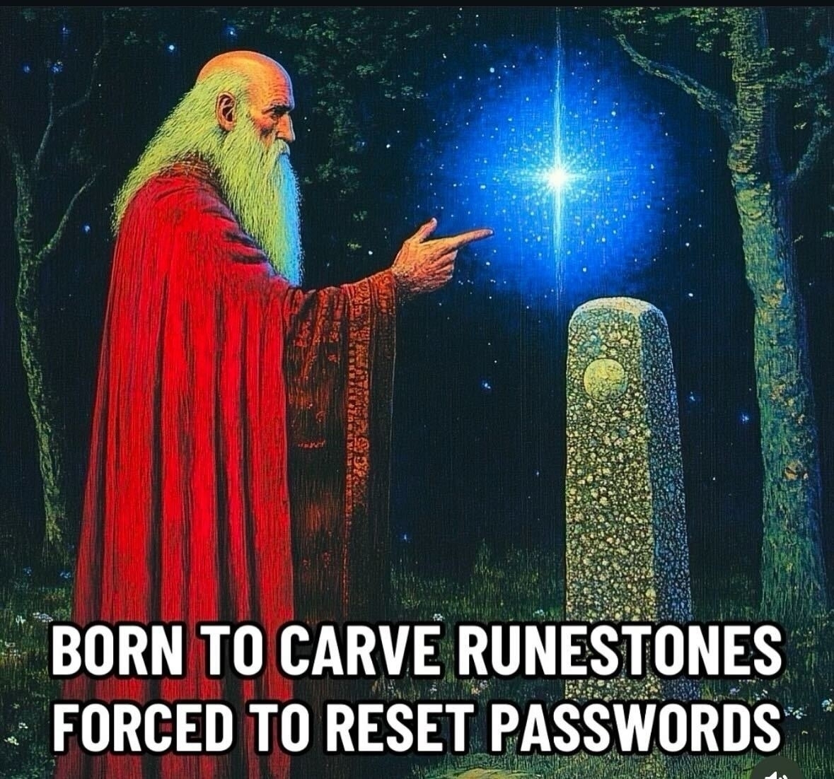 A drawing depicting an old, wizard-like man in a red robe with a long white beard and balding head. He points towards a blue light hovering over a standing stone. The text on the image in white bold font reads “BORN TO CARVE RUNESTONES FORCED TO RESET PASSWORDS.”