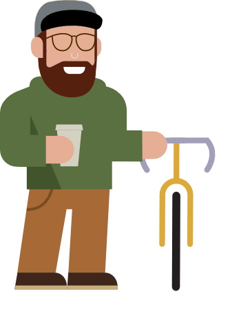 an illustration of thomas wearing a green hoodie, holding a to-go coffee cup, and standing next to a yellow bike. he has brown glasses, and a brown beard.