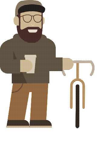 an illustration of thomas wearing a green hoodie, holding a to-go coffee cup, and standing next to a yellow bike. he has brown glasses, and a brown beard.